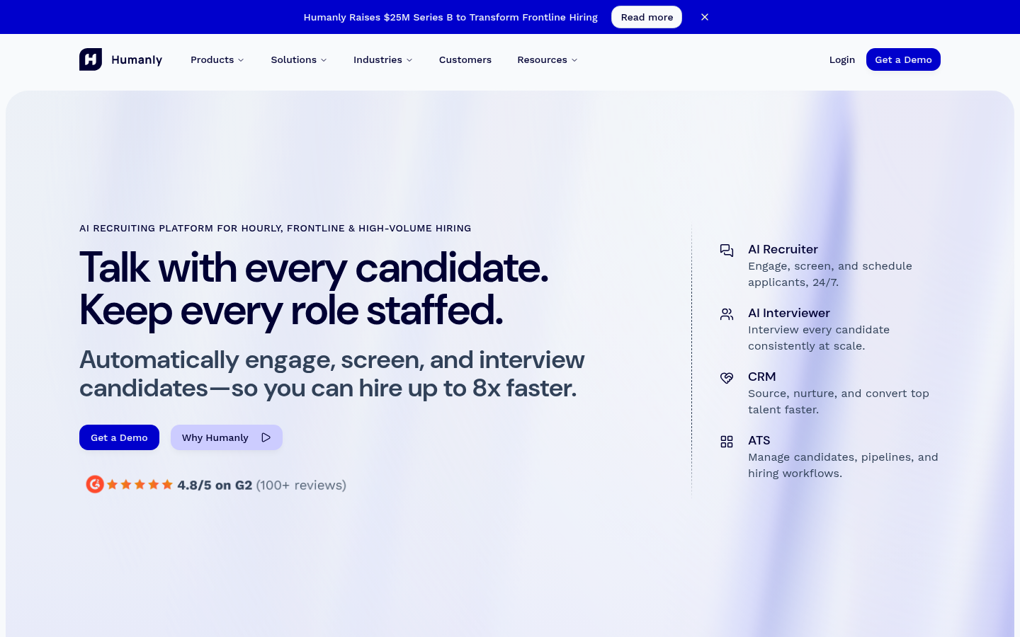 Humanly homepage showing AI recruiting platform for high-volume hiring