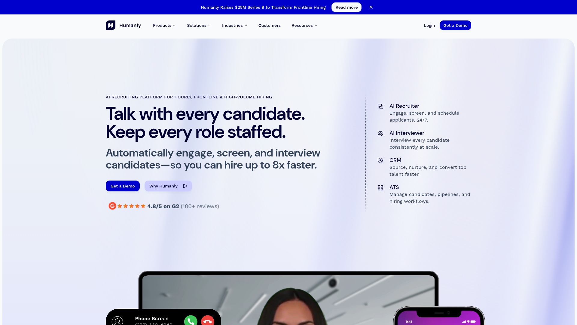 Humanly AI recruiting platform homepage for high-volume hiring automation