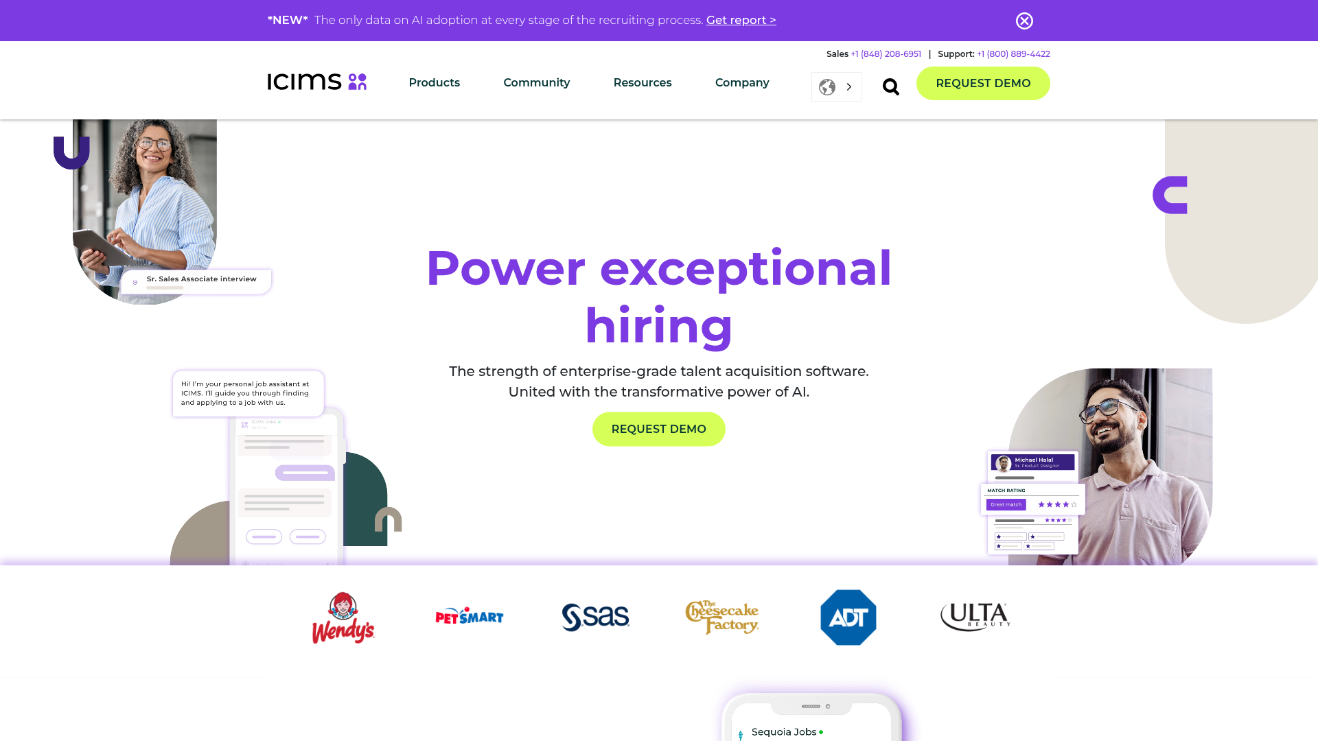 iCIMS enterprise recruiting software homepage showing AI-powered ATS for hiring at scale