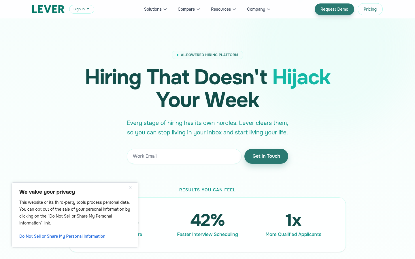 Lever homepage showing modern recruiting software combining ATS and CRM