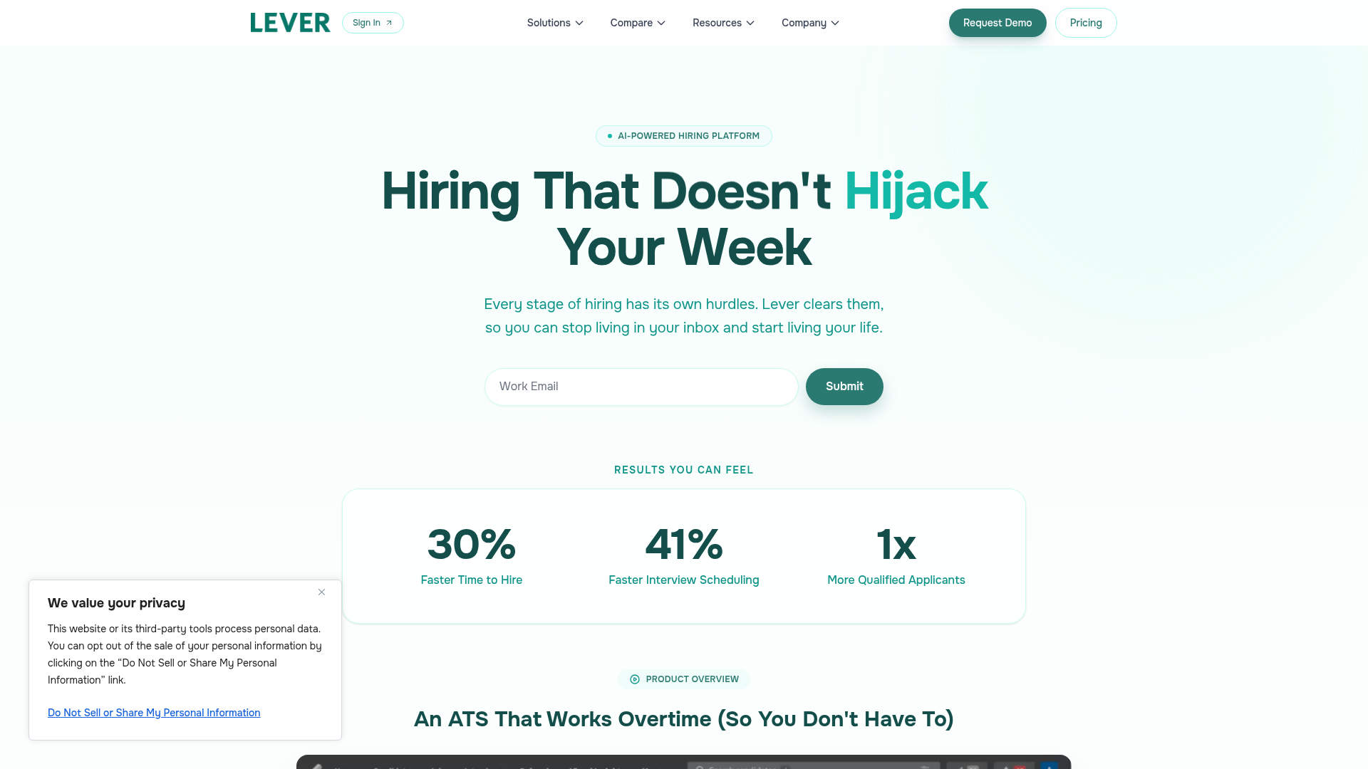 Lever modern recruiting software and ATS homepage combining ATS with CRM for scaling teams