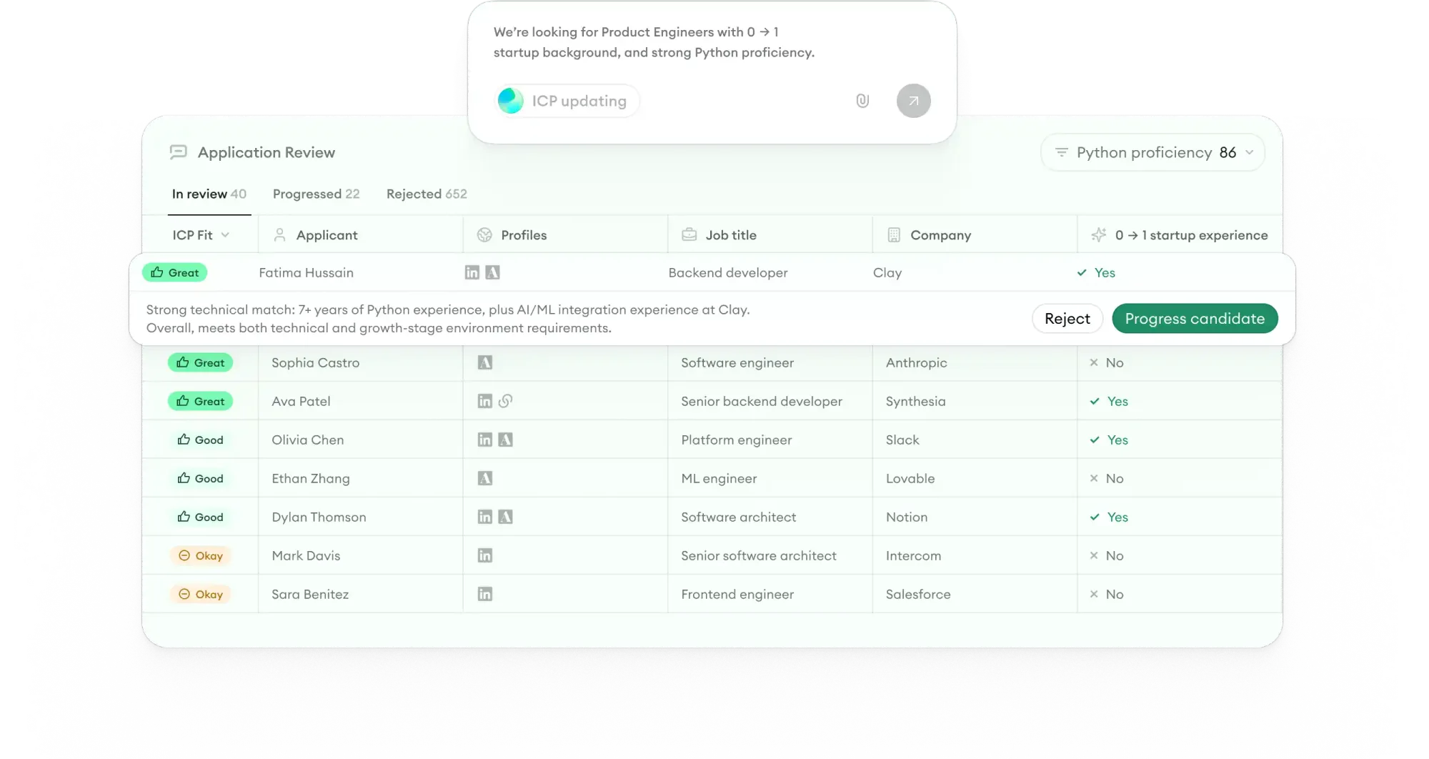 Metaview Application Review interface showing AI-evaluated candidates ranked against an Ideal Candidate Profile