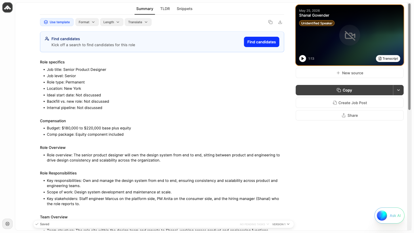 Metaview Notetaker capturing a candidate interview with structured notes