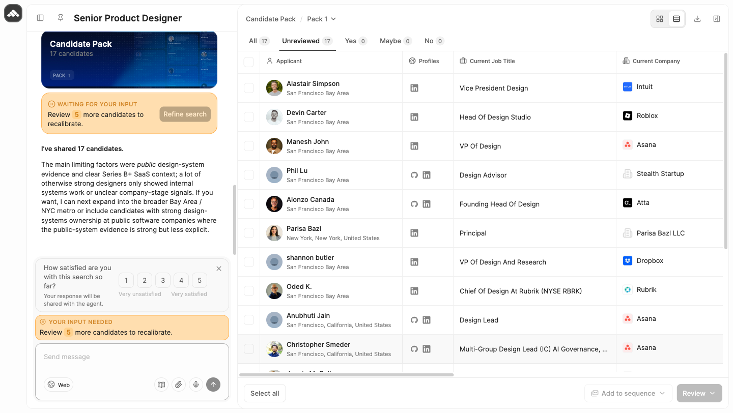 Metaview Sourcing agent returning scored candidate results for a Senior Product Designer brief