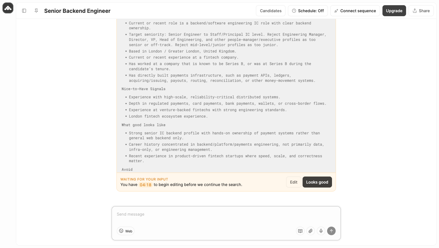 Metaview Sourcing returning scored candidate results for a Series B fintech engineering brief