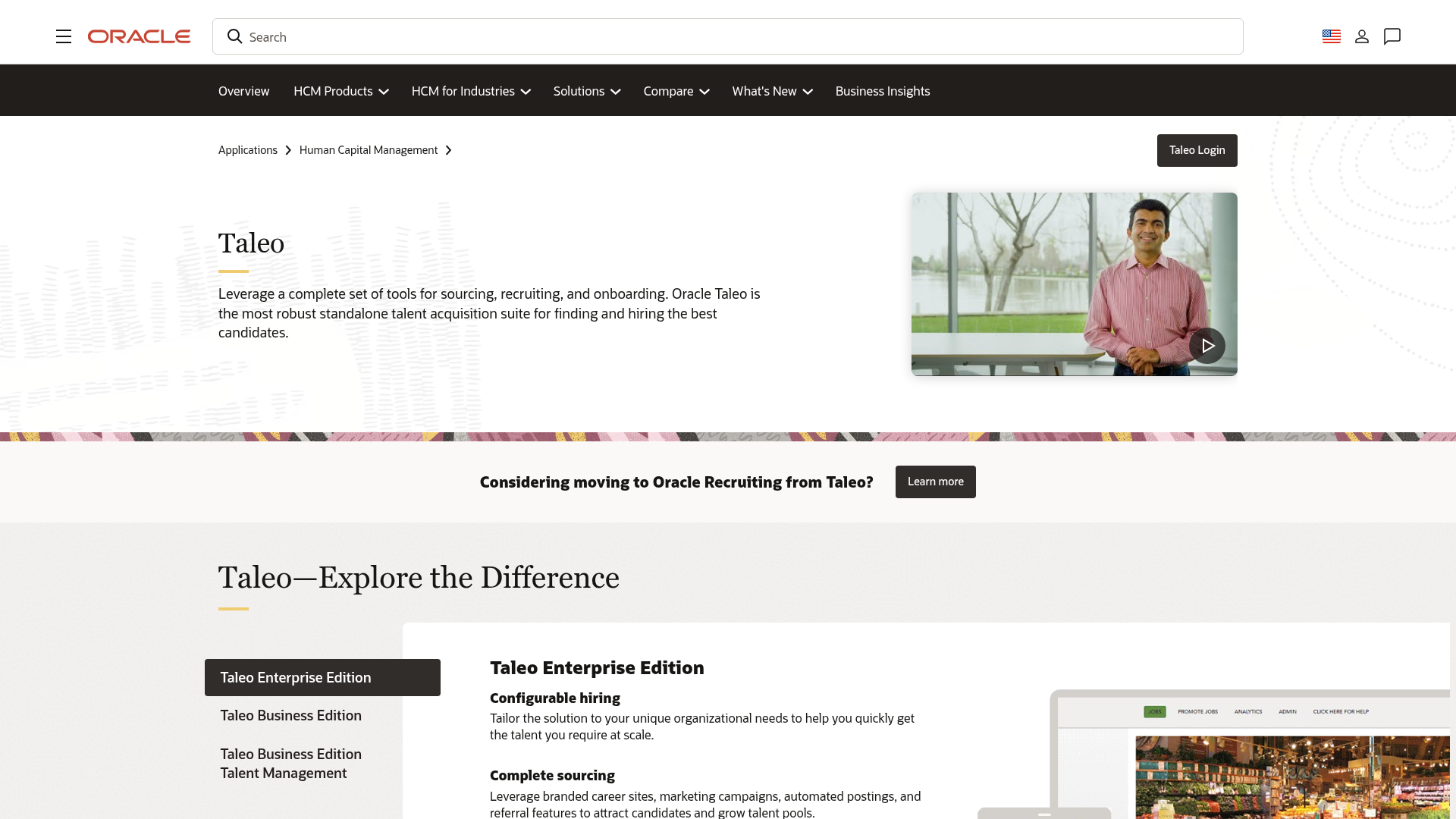 Oracle Taleo enterprise recruiting platform homepage with Oracle HCM integration