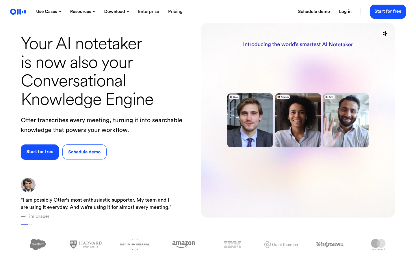 Otter.ai homepage showing AI meeting agent for transcription and summaries