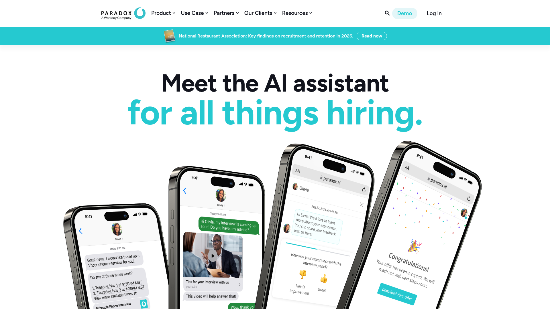 Paradox conversational hiring software homepage showing AI assistant automating recruiting tasks