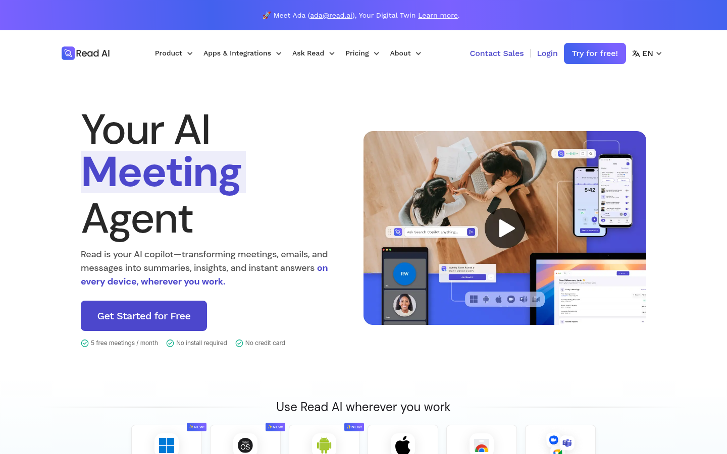 Read.ai homepage showing meeting summaries, transcripts, and AI search