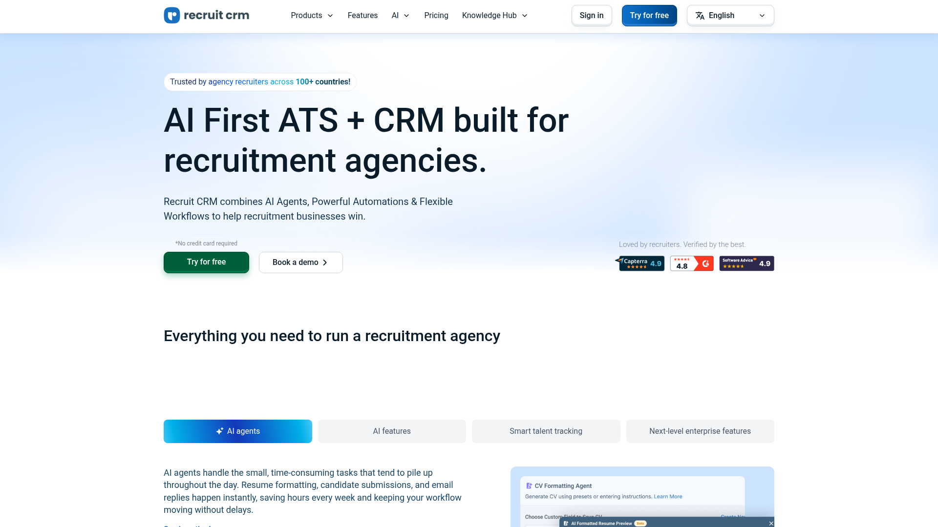Recruit CRM AI-first recruiting software homepage trusted by 2,500+ agencies