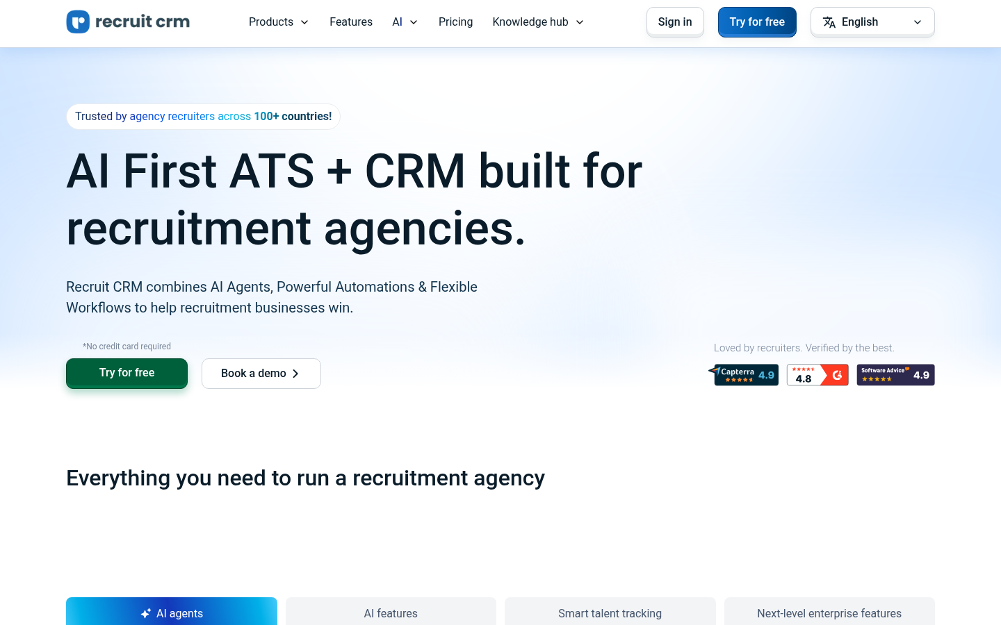 Recruit CRM AI-first recruiting software product page