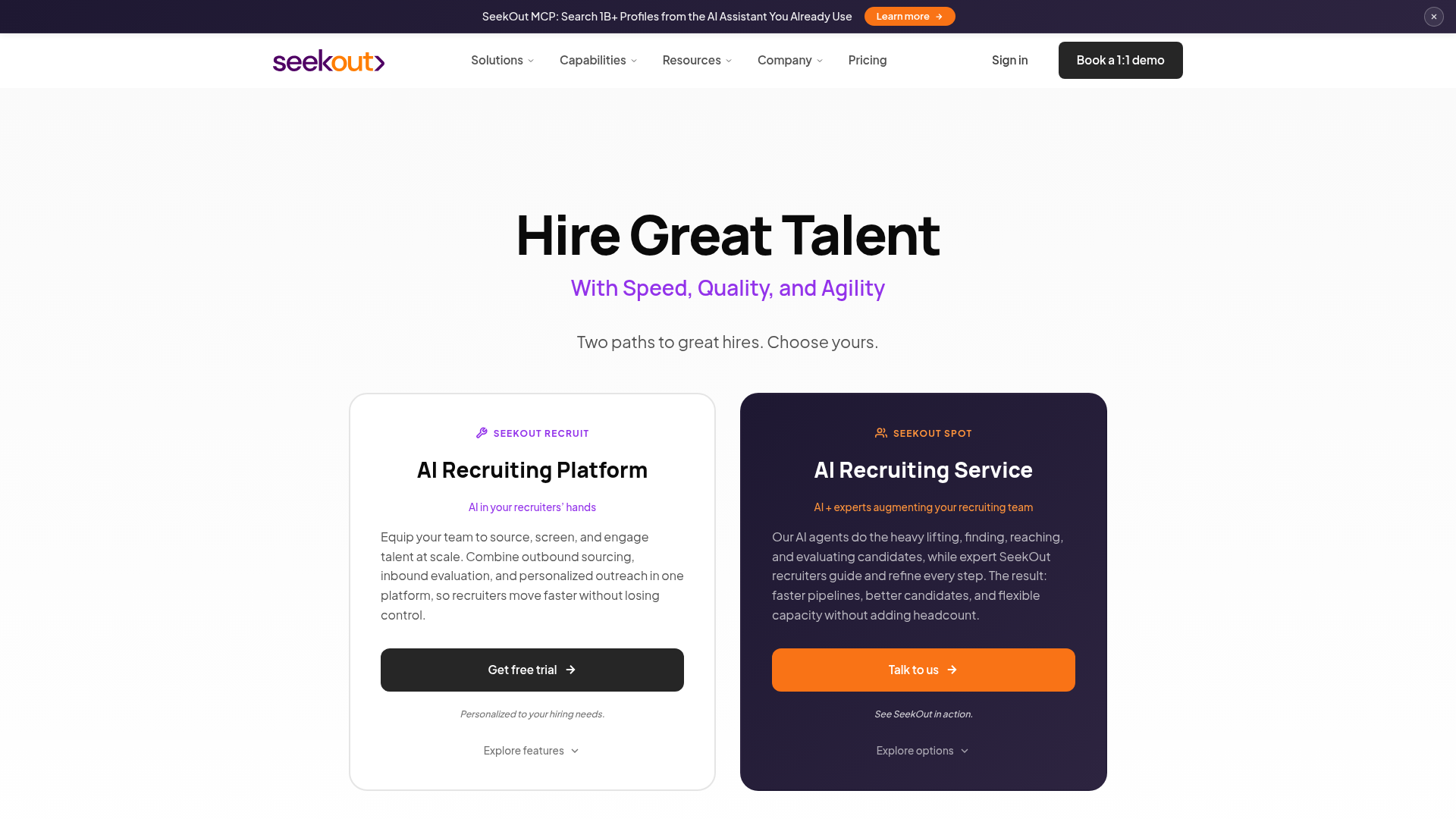 SeekOut agentic AI recruiting platform homepage showing sourcing and screening at enterprise scale