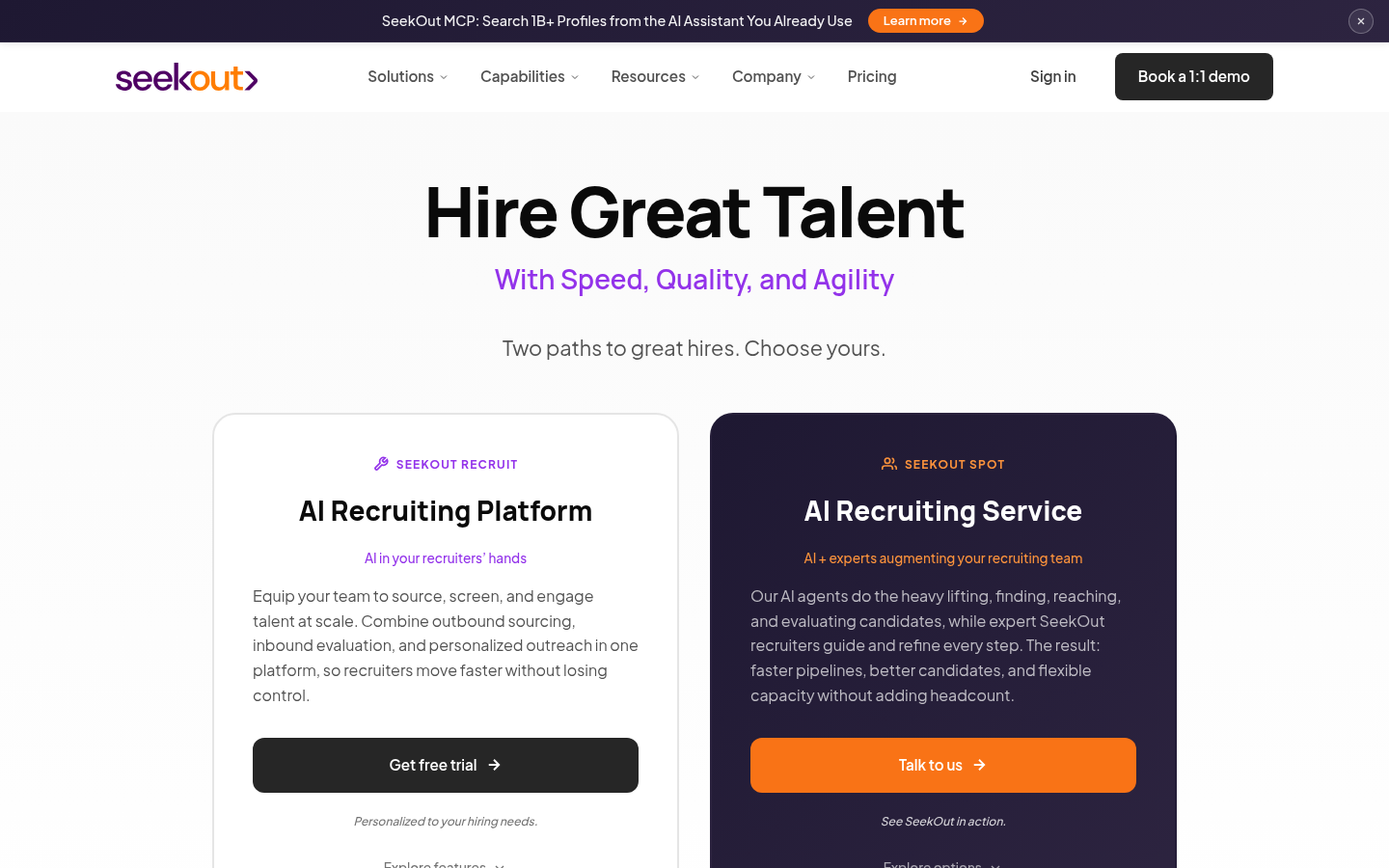 SeekOut homepage showing agentic AI recruiting platform with 1B+ profile sourcing