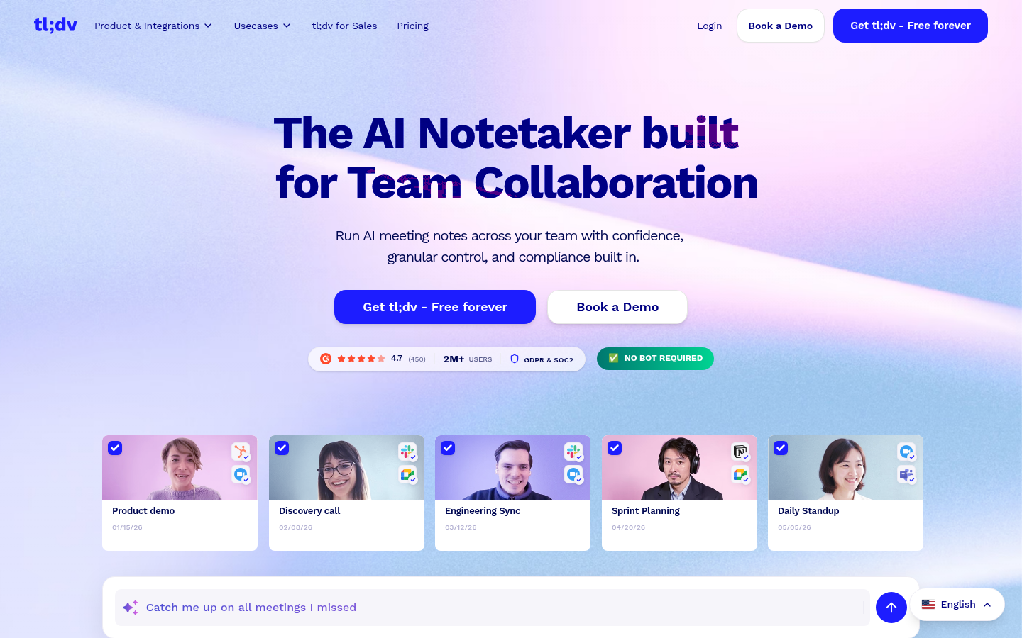 tl;dv homepage showing AI meeting notetaker for Zoom, Google Meet, and Teams