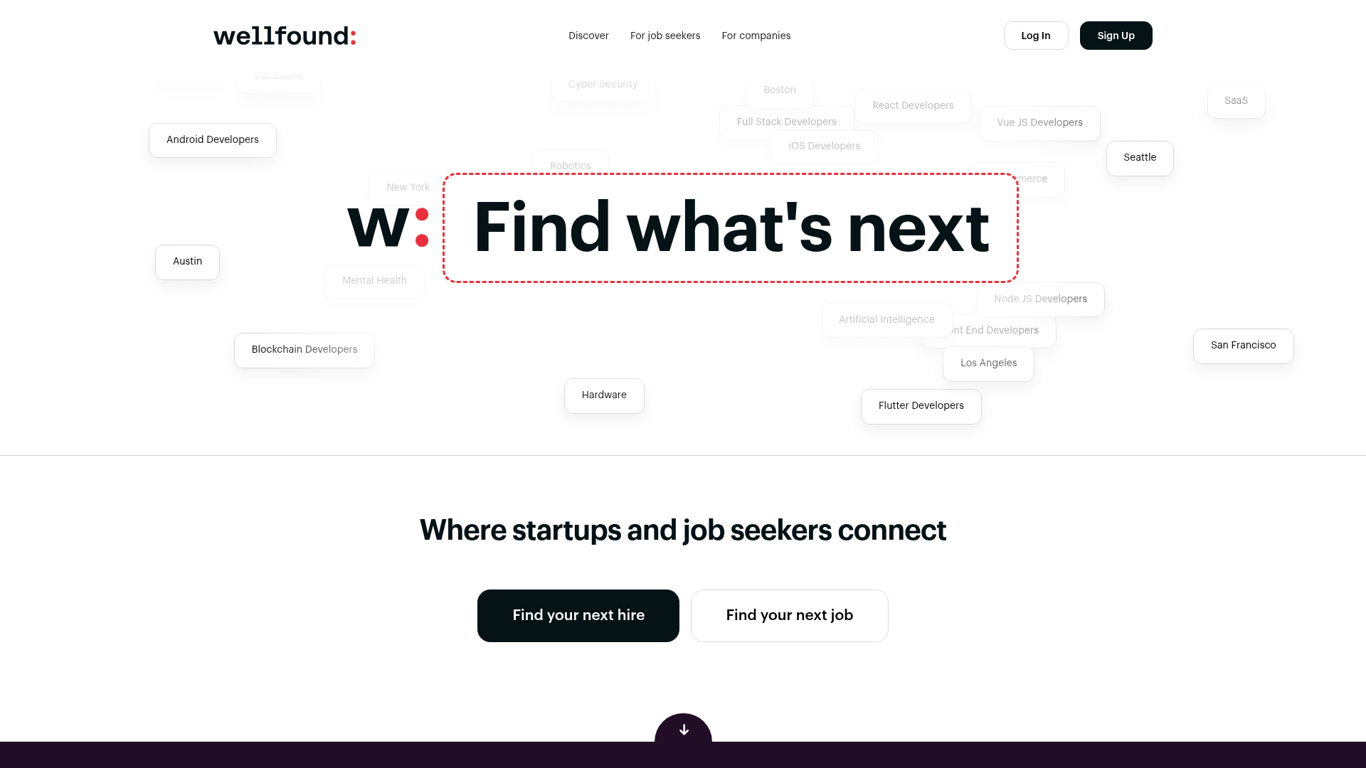 Wellfound startup-focused job search platform homepage