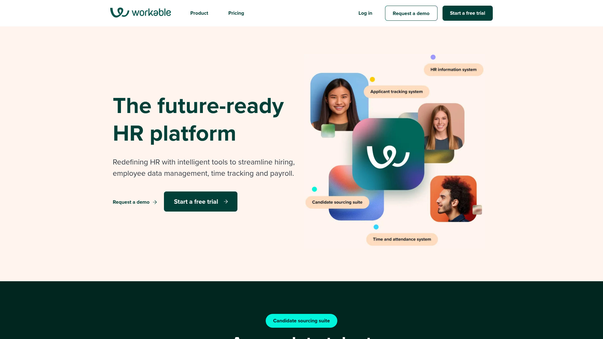 Workable all-in-one HR software homepage with system-of-record framing for small and mid-sized teams