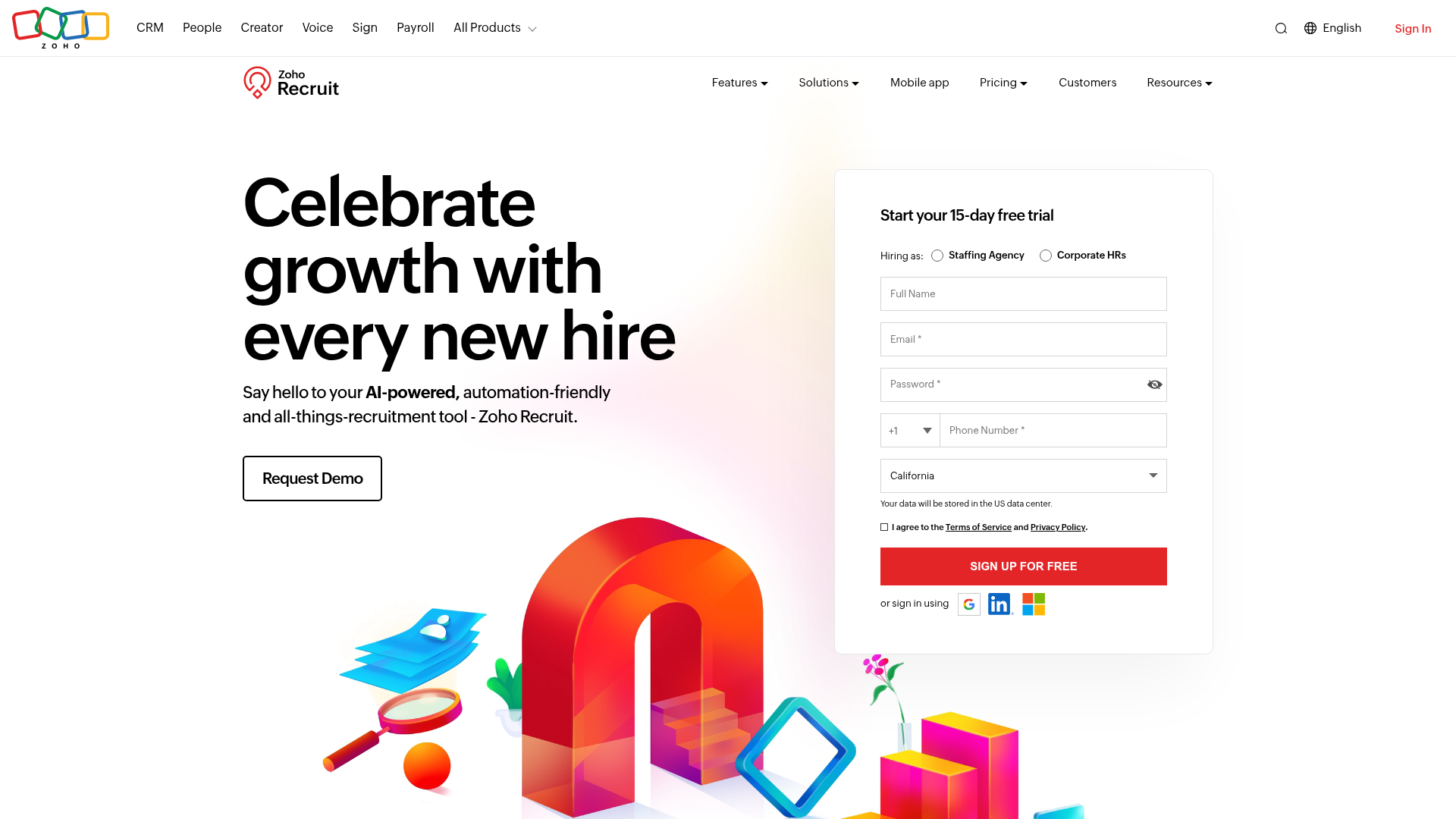 Zoho Recruit all-in-one recruitment software homepage for HR teams and staffing agencies