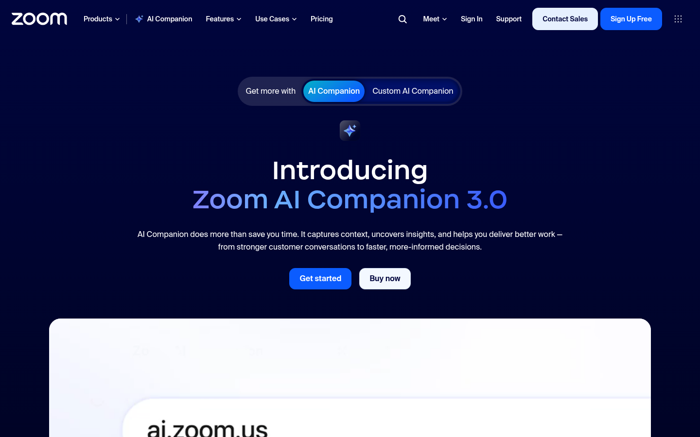 Zoom AI Companion product page showing meeting summary and chat features