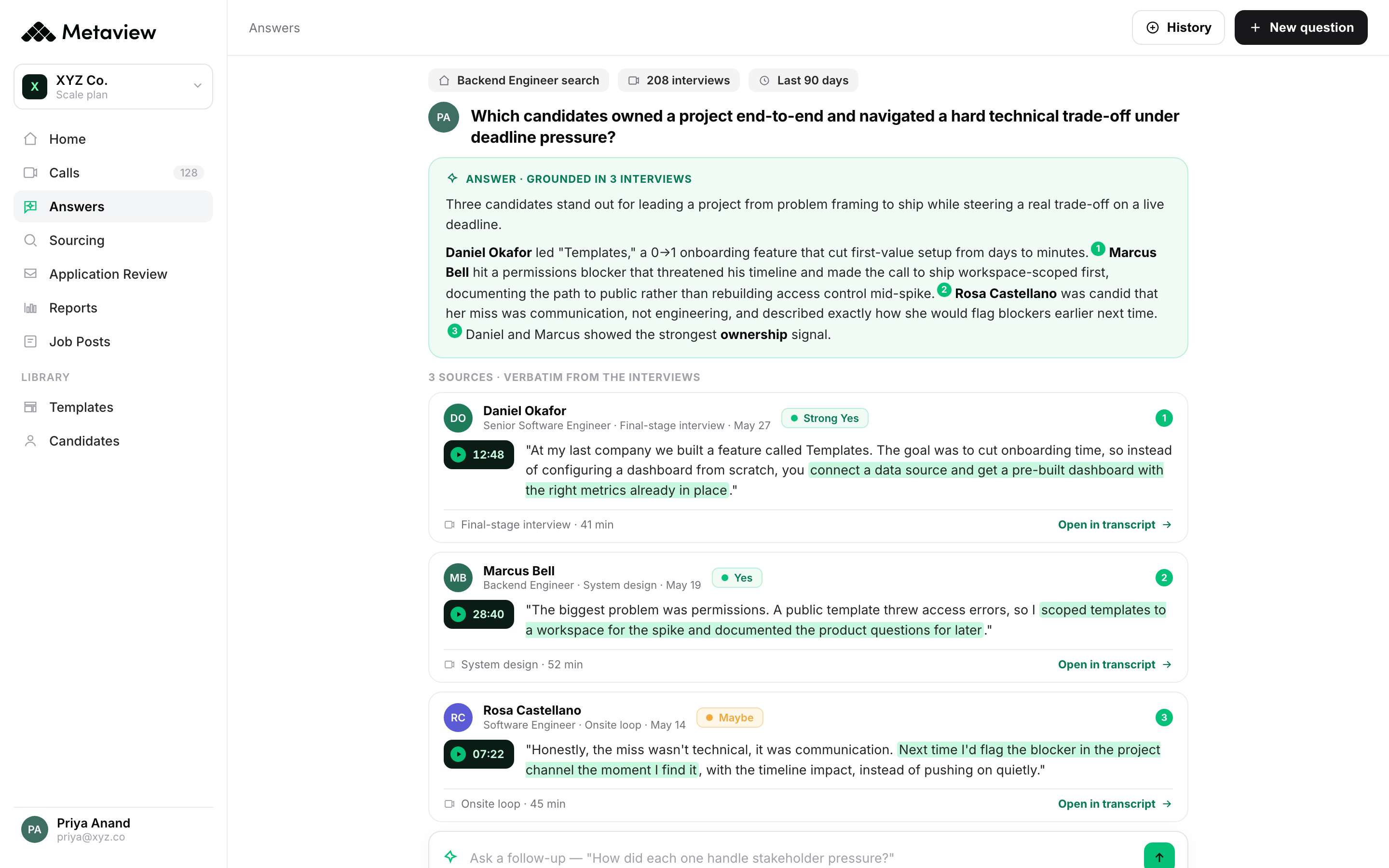Metaview natural-language query pulling compensation expectations and skill mentions out of captured interviews across a role