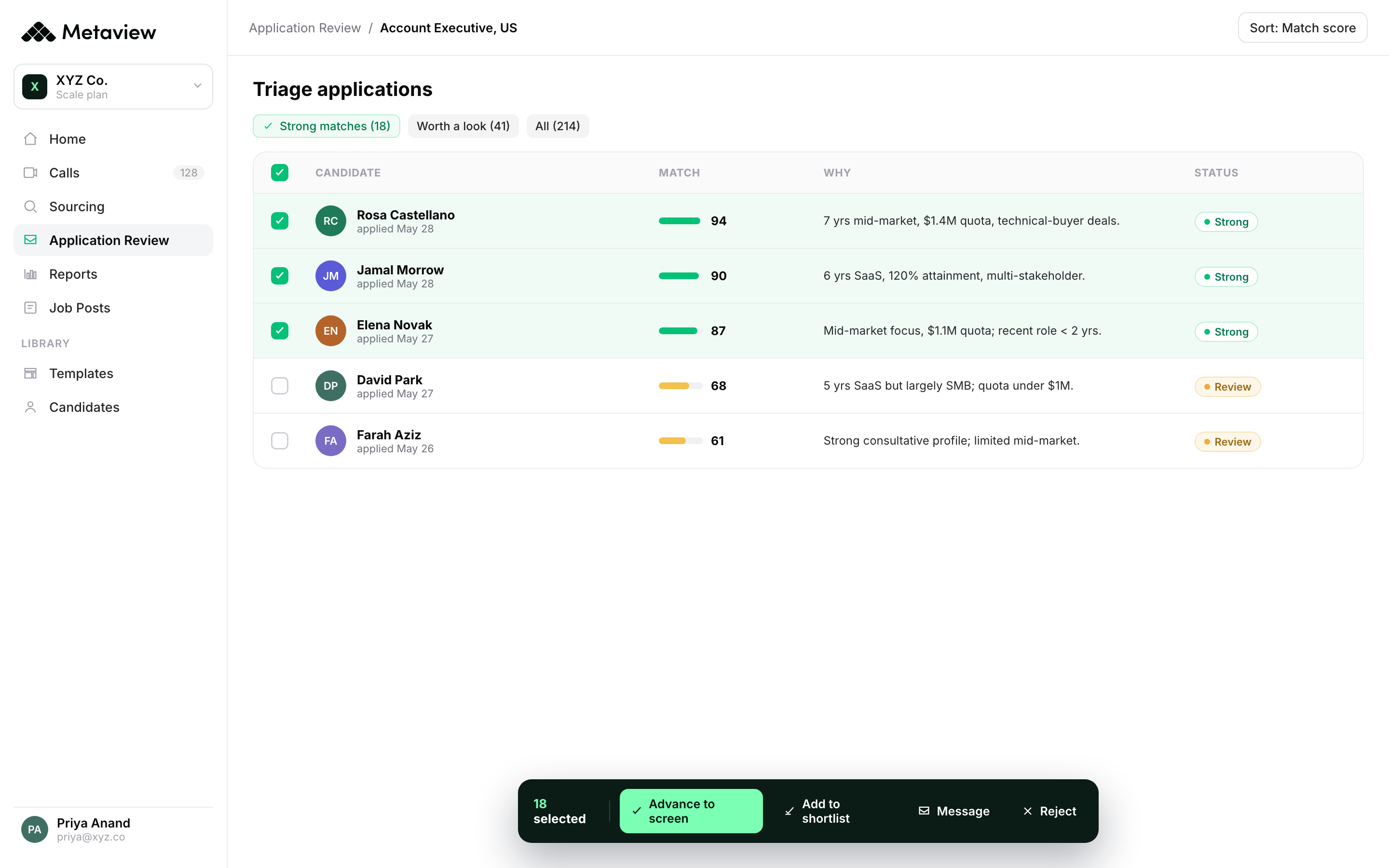 A recruiter in Metaview triaging a ranked shortlist of applicants into advance and reject decisions, with the AI's fit reasoning visible beside each candidate