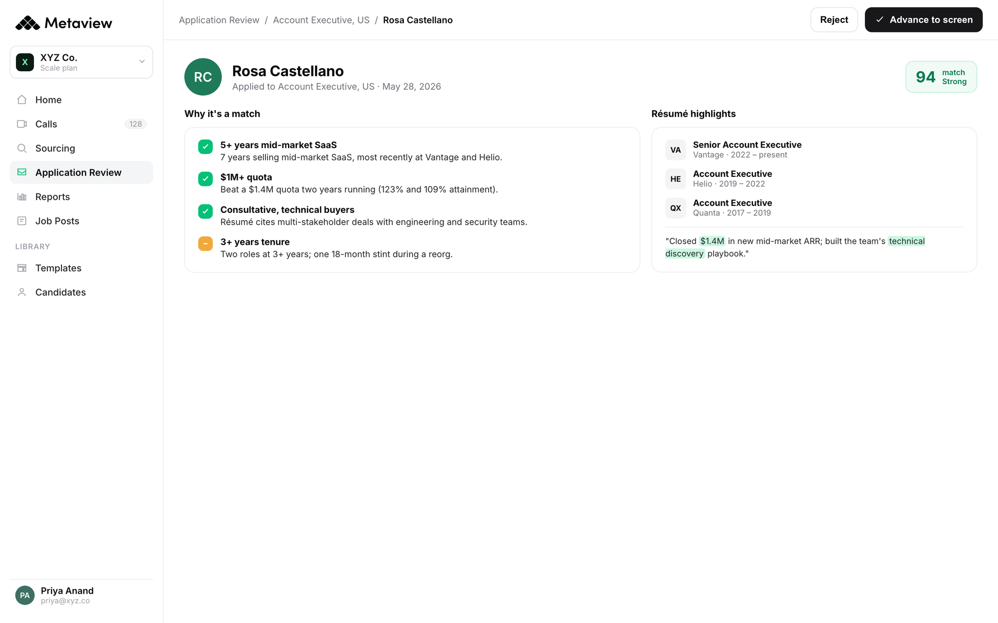 A single application detail view in Metaview, showing the AI's reasoning for how the candidate matched each part of the ideal candidate profile