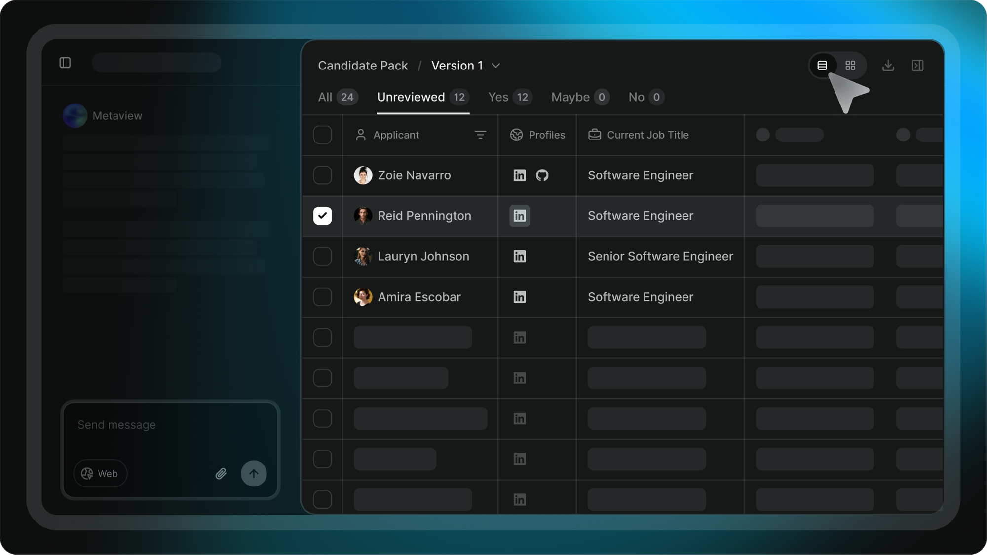 Compare sourced candidates side by side in Metaview's table view.