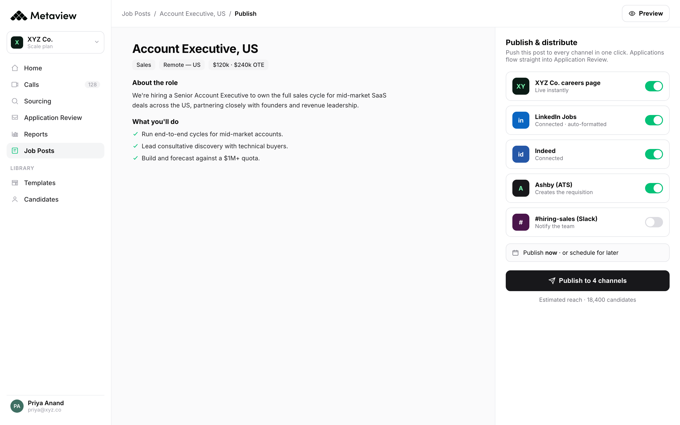 Metaview Job Posts screen for publishing and distributing a job post across multiple channels, showing the workflow extends well beyond interview notes