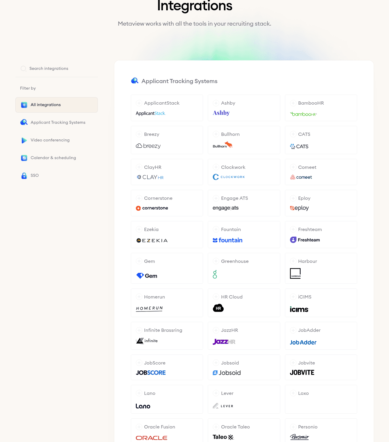 Metaview Settings Integrations screen where Workday connects alongside other ATS, video, and calendar tools