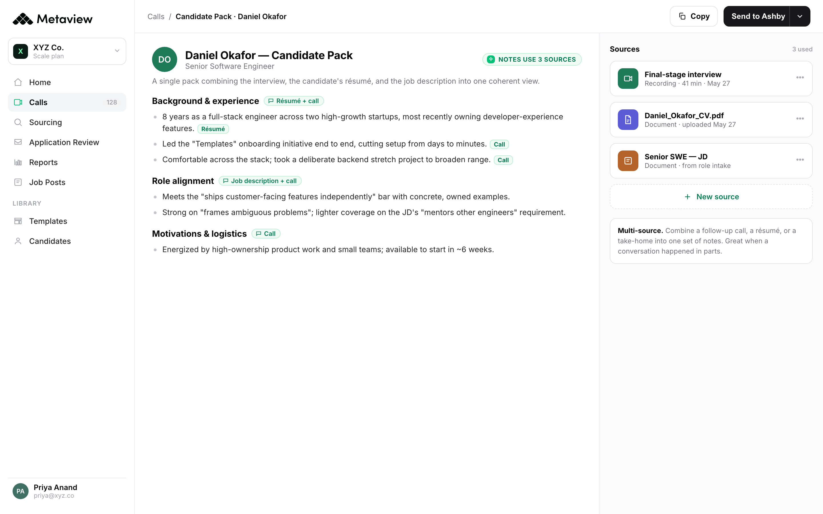 Metaview Candidate Pack: the interview, resume, and job description combined into one set of notes