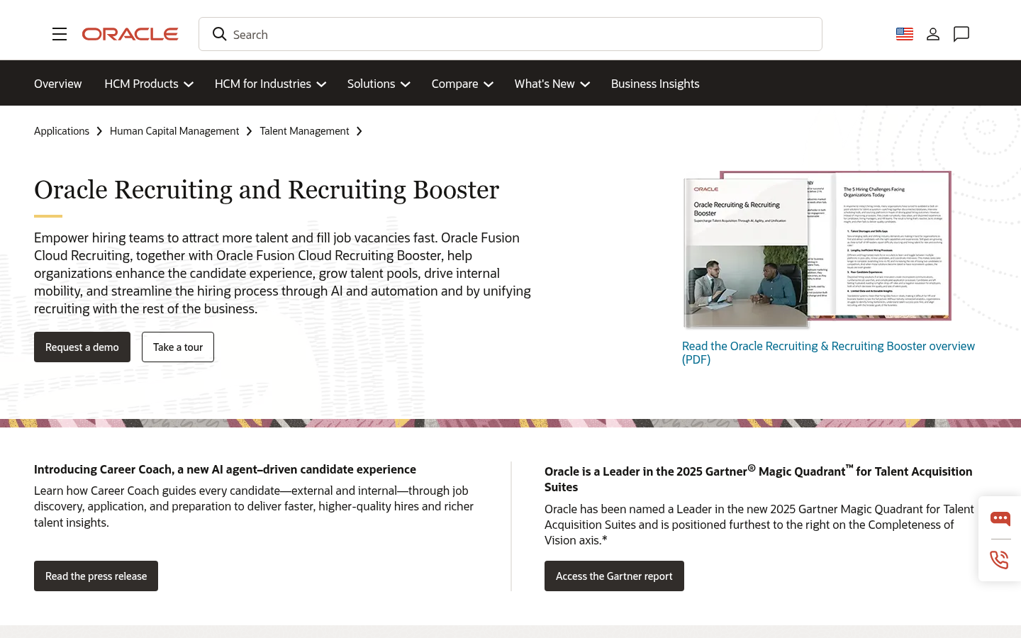Oracle Recruiting Cloud product homepage