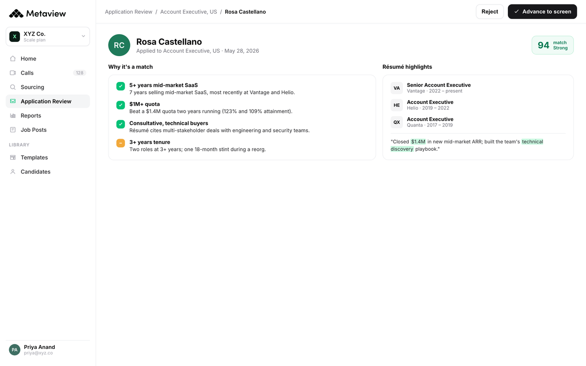 Metaview Application Review single application detail view showing the rubric score for one candidate against ICP fit, with rubric quotes anchored to specific interview responses