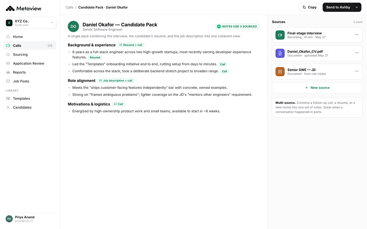 Metaview Multi-Source view combining the panel interview call and the candidate's resume into one brief with rubric-anchored quotes and per-skill consistency signals