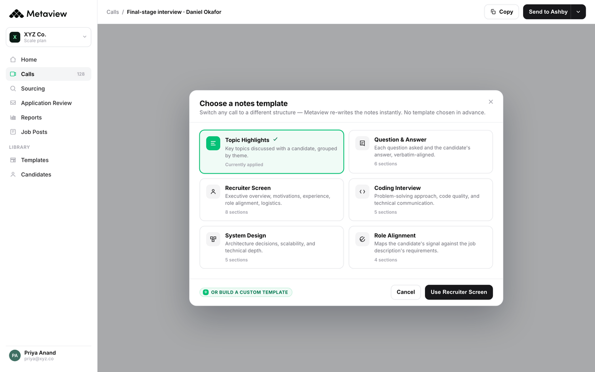 Metaview notes template gallery showing structured interview templates including Recruiter Screen, Coding Interview, System Design, and Role Alignment, each scoring against a shared rubric so every interviewer evaluates the same thing
