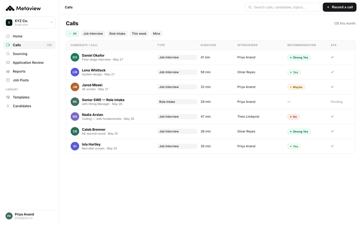 Metaview calls list showing each captured interview with its duration, the interviewer who ran it and the scorecard recommendation on the same row