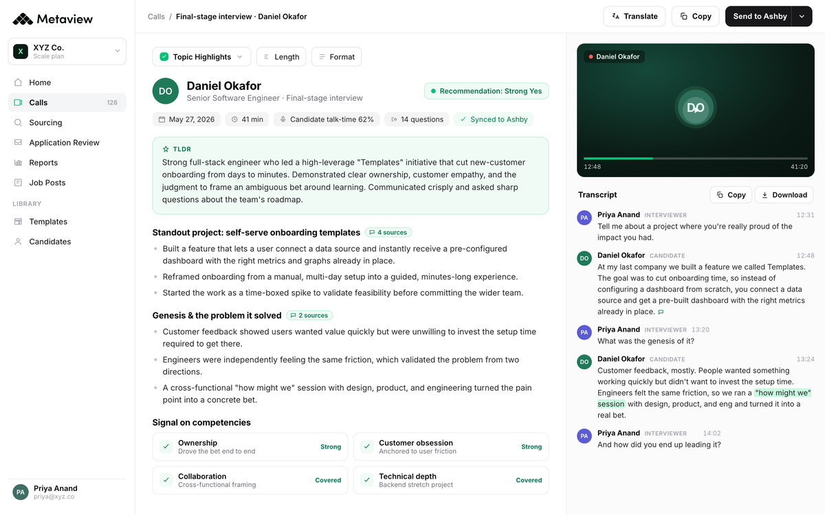 Metaview Notetaker showing AI-generated structured notes alongside the live transcript of an interview, so each candidate answer and follow-up stays on the record word for word