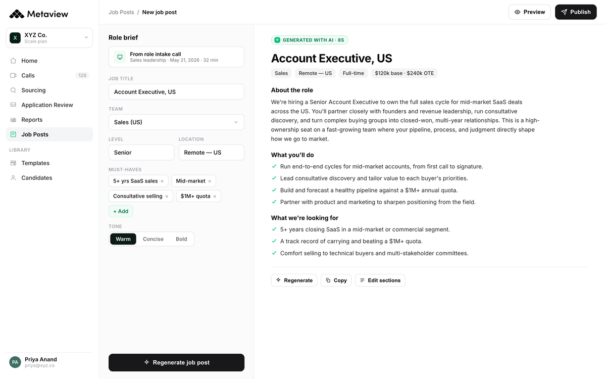 Metaview generating a job post from a role intake call, drafting the requirements and responsibilities from what the recruiter and hiring manager discussed rather than from a blank template