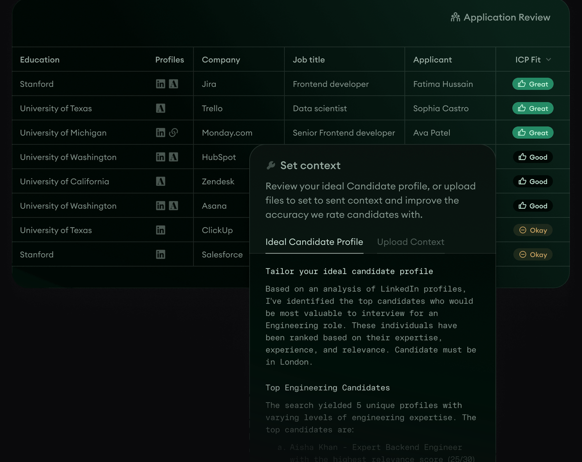 Metaview Application Review sorting inbound applications into ICP fit buckets with reasoning and fraud flags