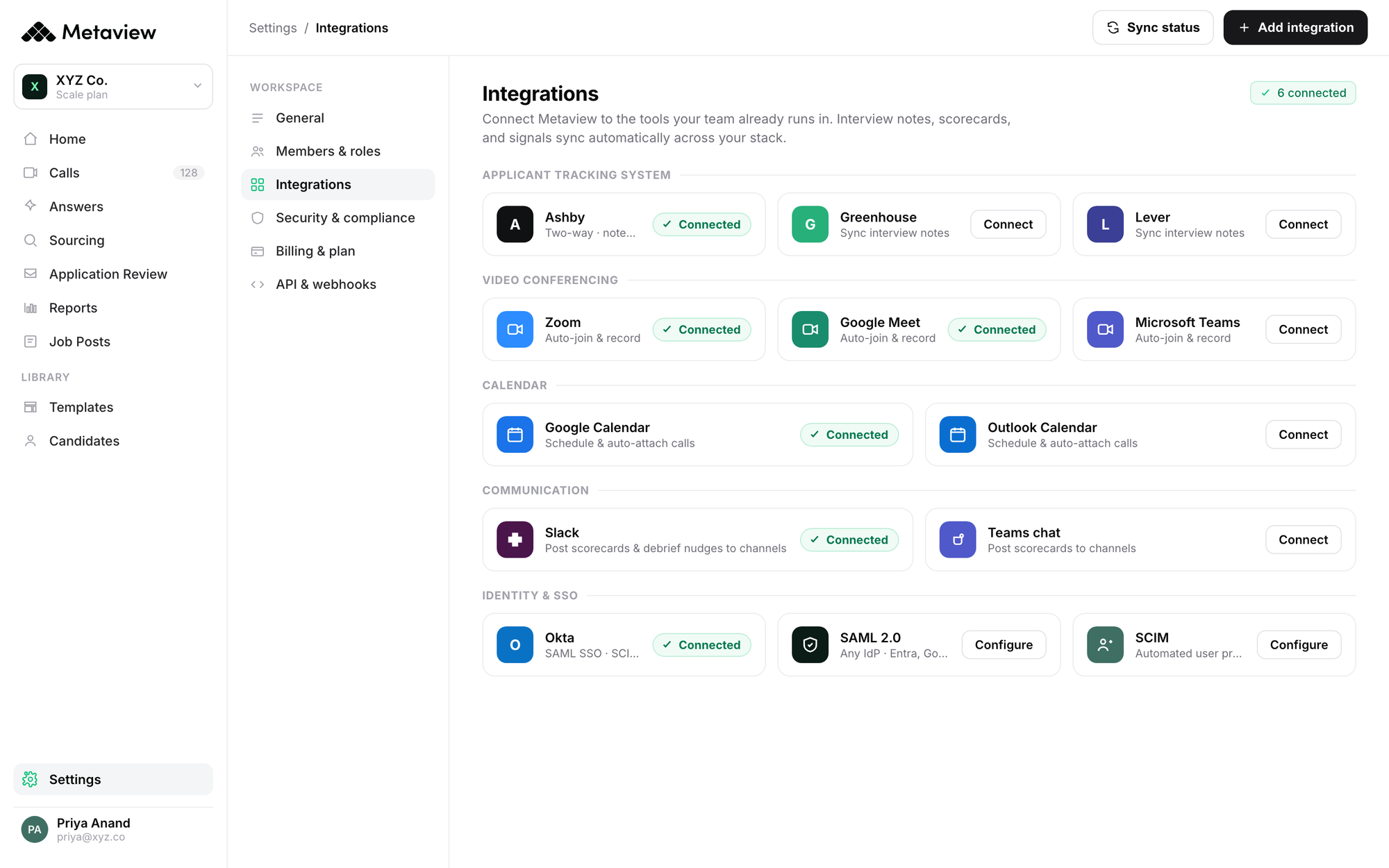 Metaview Settings: the Integrations grid with connected ATS, video, calendar, Slack, and SSO providers