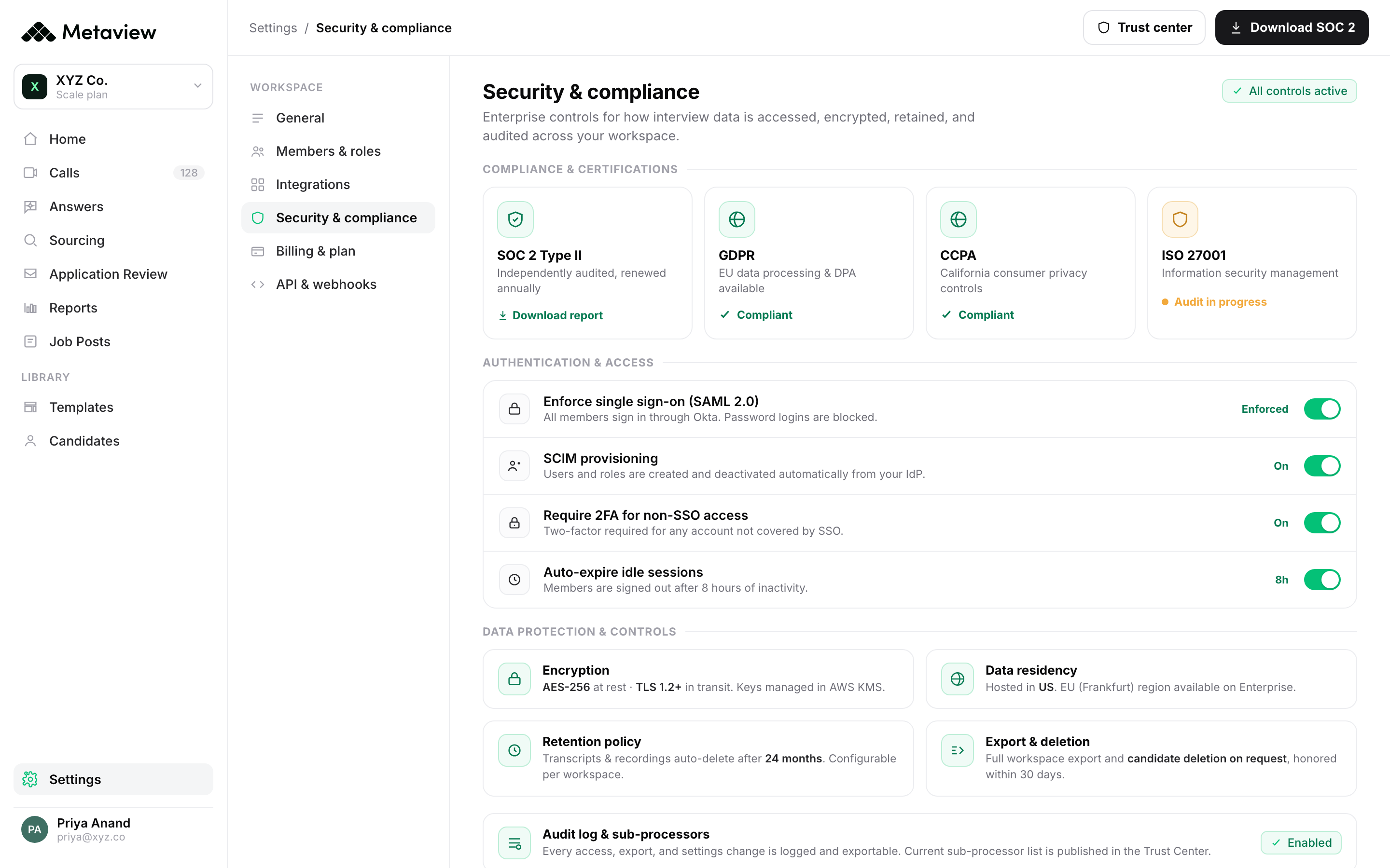 Metaview Settings security and compliance screen showing data access controls, retention settings, and compliance options