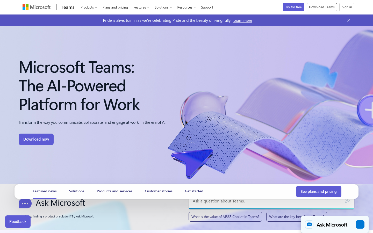Microsoft Teams product page showing chat-based collaboration for hiring teams