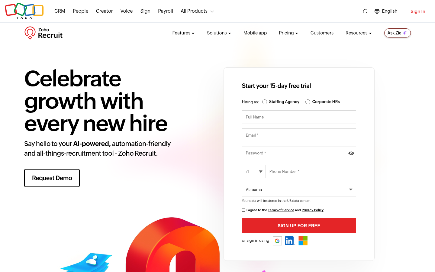 Zoho Recruit product homepage