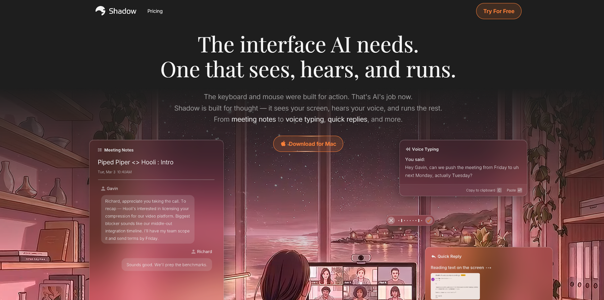 Shadow bot-free AI notetaker for Mac that captures screen context
