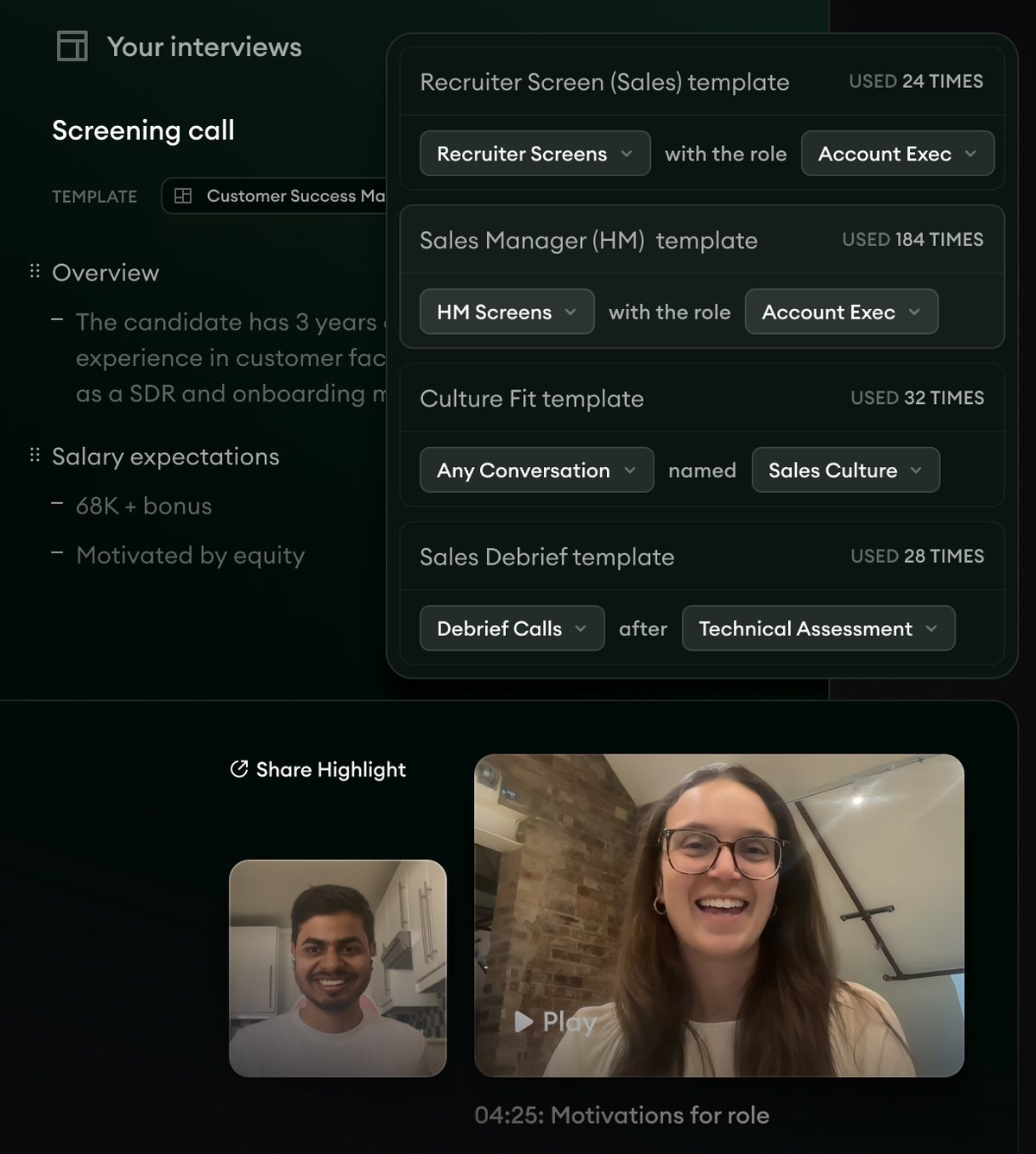 Metaview's interview view: AI-written notes from a screening call, reusable interview templates by role, and a shareable video highlight clipped to a candidate's answer.
