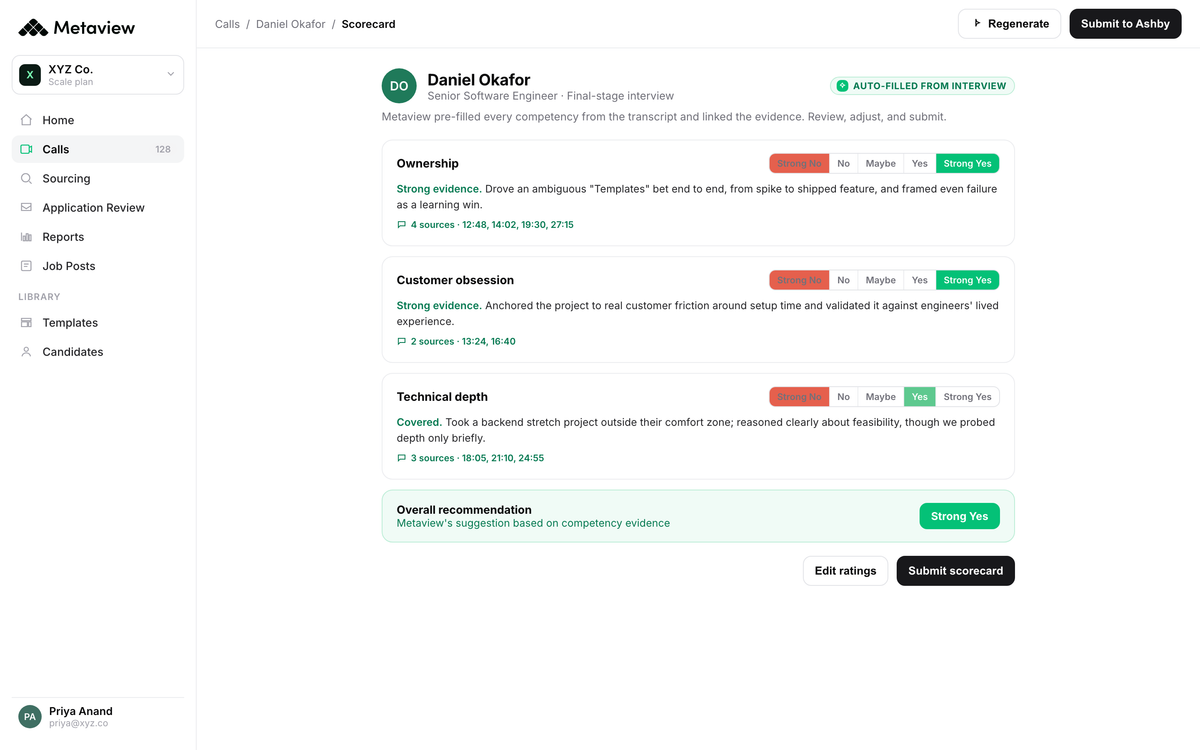 A Metaview scorecard auto-filled from an interview, each competency linked to the timestamped moments it came from