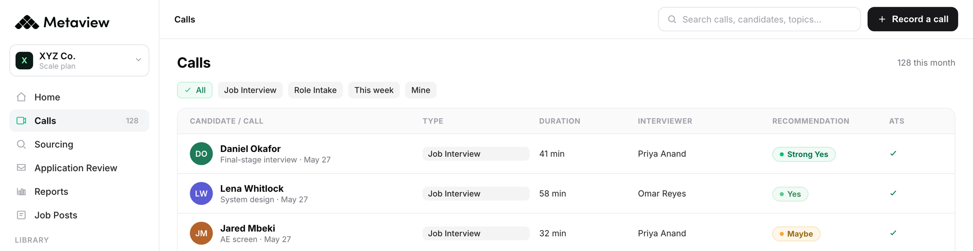 Metaview calls inbox listing captured interviews with candidate, type, duration, interviewer, and recommendation for each recorded conversation