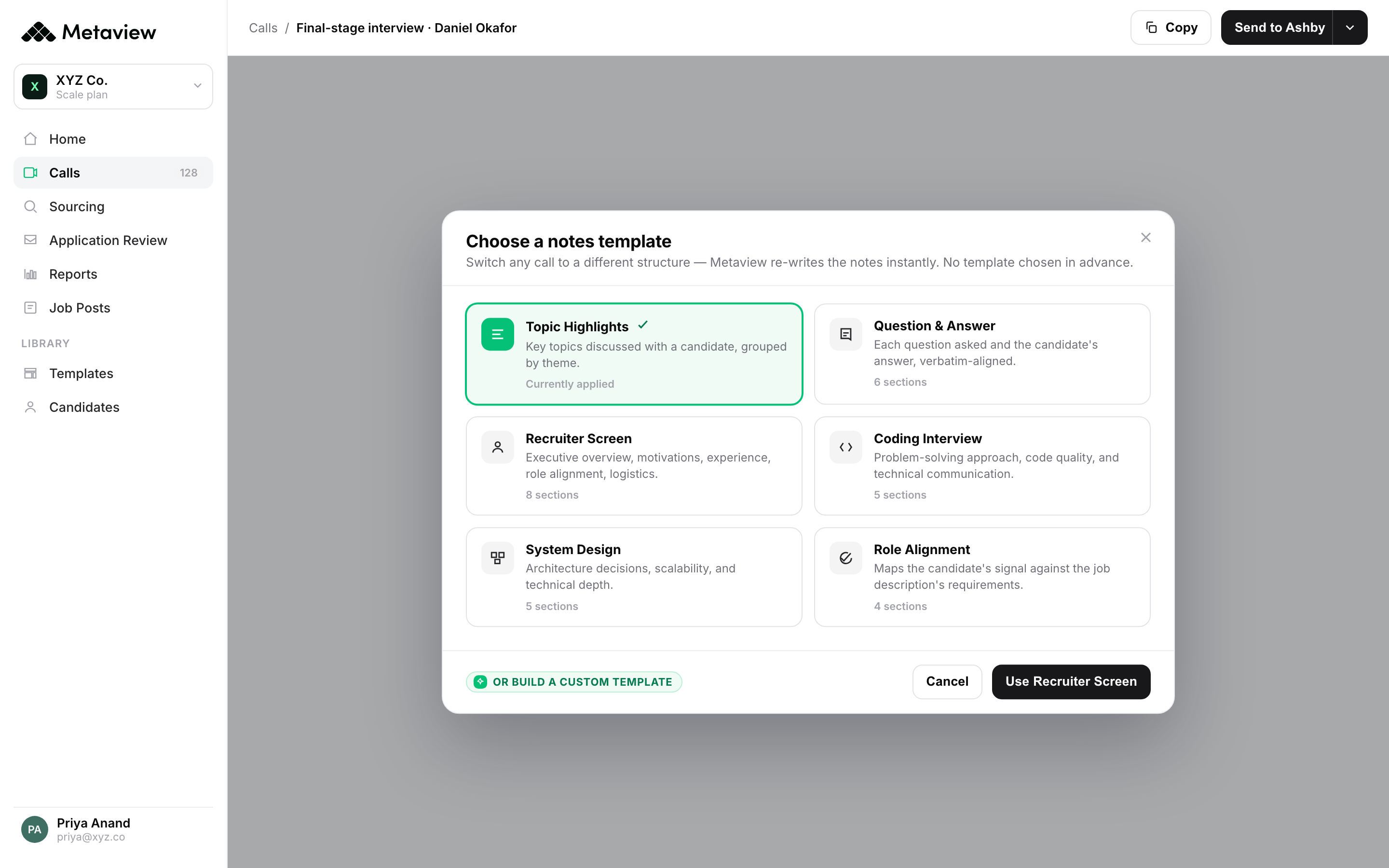Metaview's interview template picker, showing recruiter screen, coding interview, system design and role alignment templates.