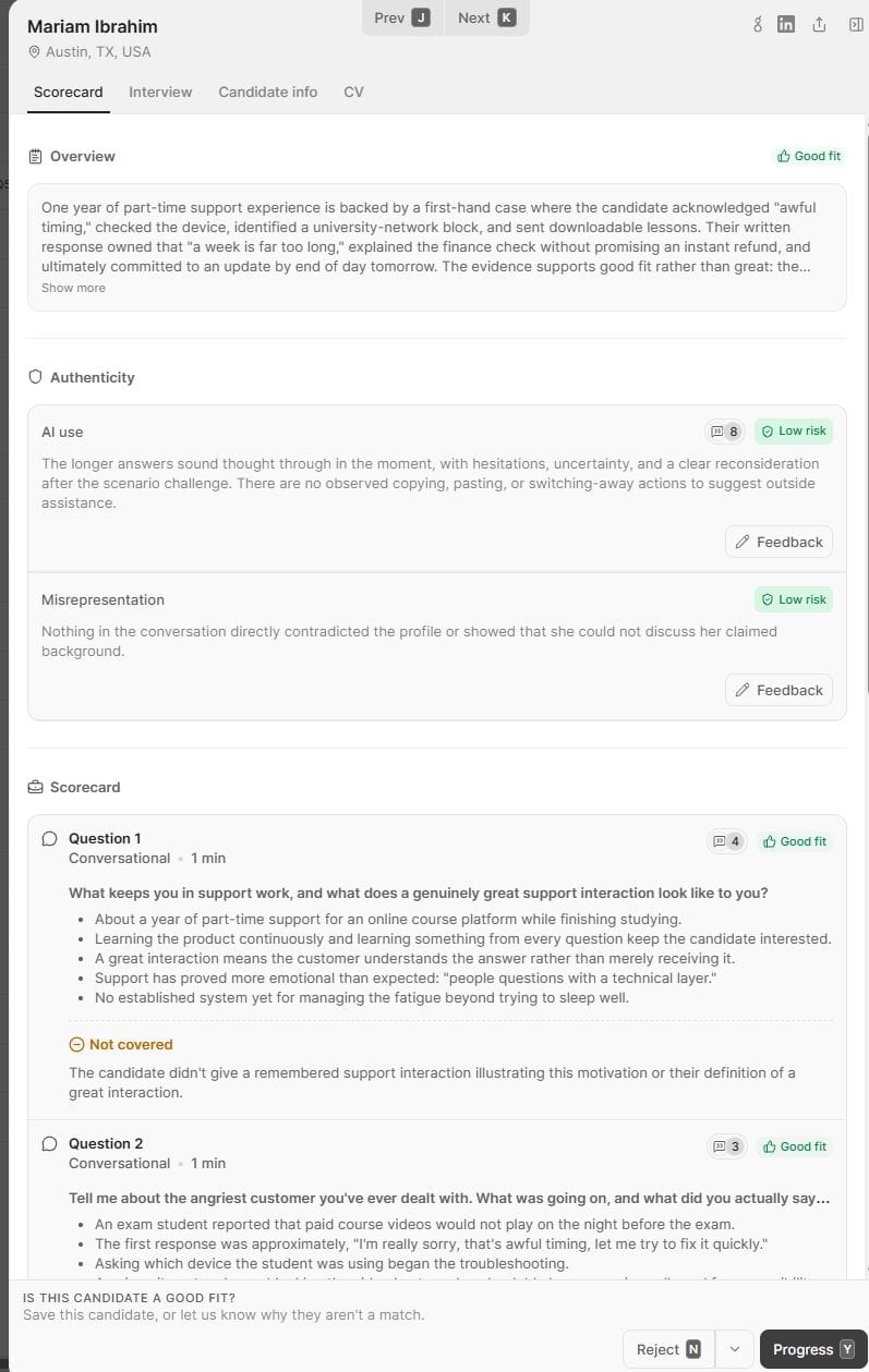 A completed call scorecard showing a "Good fit" rating, documented reason, and question-by-question evidence for a sample candidate from a seeded demo roster.