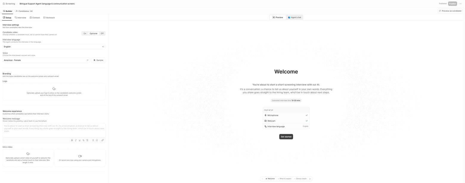 Metaview Screening builder preview showing the candidate welcome screen, the estimated interview time shown to the candidate, and the microphone, webcam, and interview language checklist.