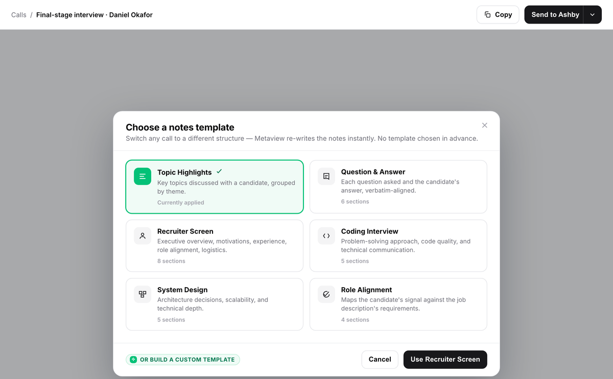 The Metaview notes template picker showing named structures including Recruiter Screen, Coding Interview and Role Alignment, with the option to build a custom template