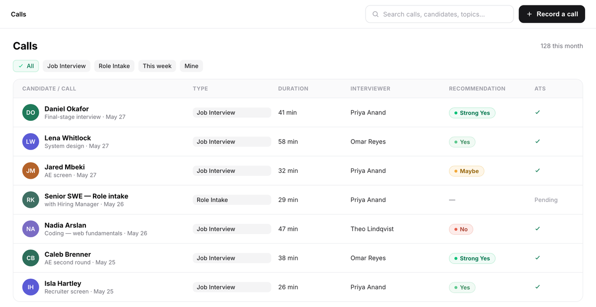 Metaview Calls list showing past interviews, named interviewers, interviewer-submitted recommendations, and ATS sync status